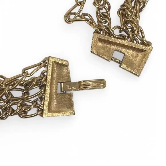 Crown Trifari Multi Strand Chain Statement Necklace Gold Tone 5 Chains Vintage - Picture 5 of 10